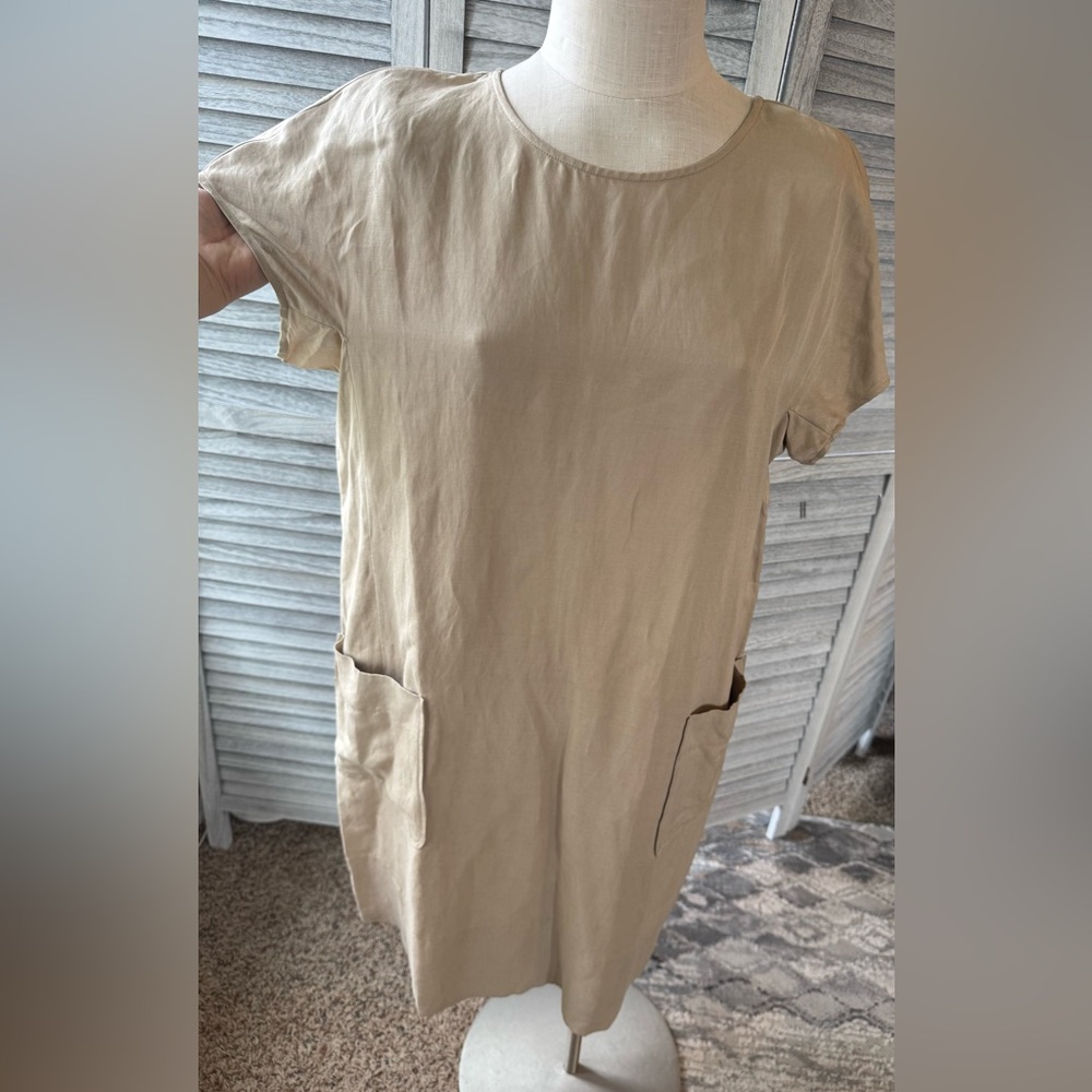 J Jill Silk Linen Shift Boxy Dress, has front patch pockets. Tan Sz L - Picture 2 of 10